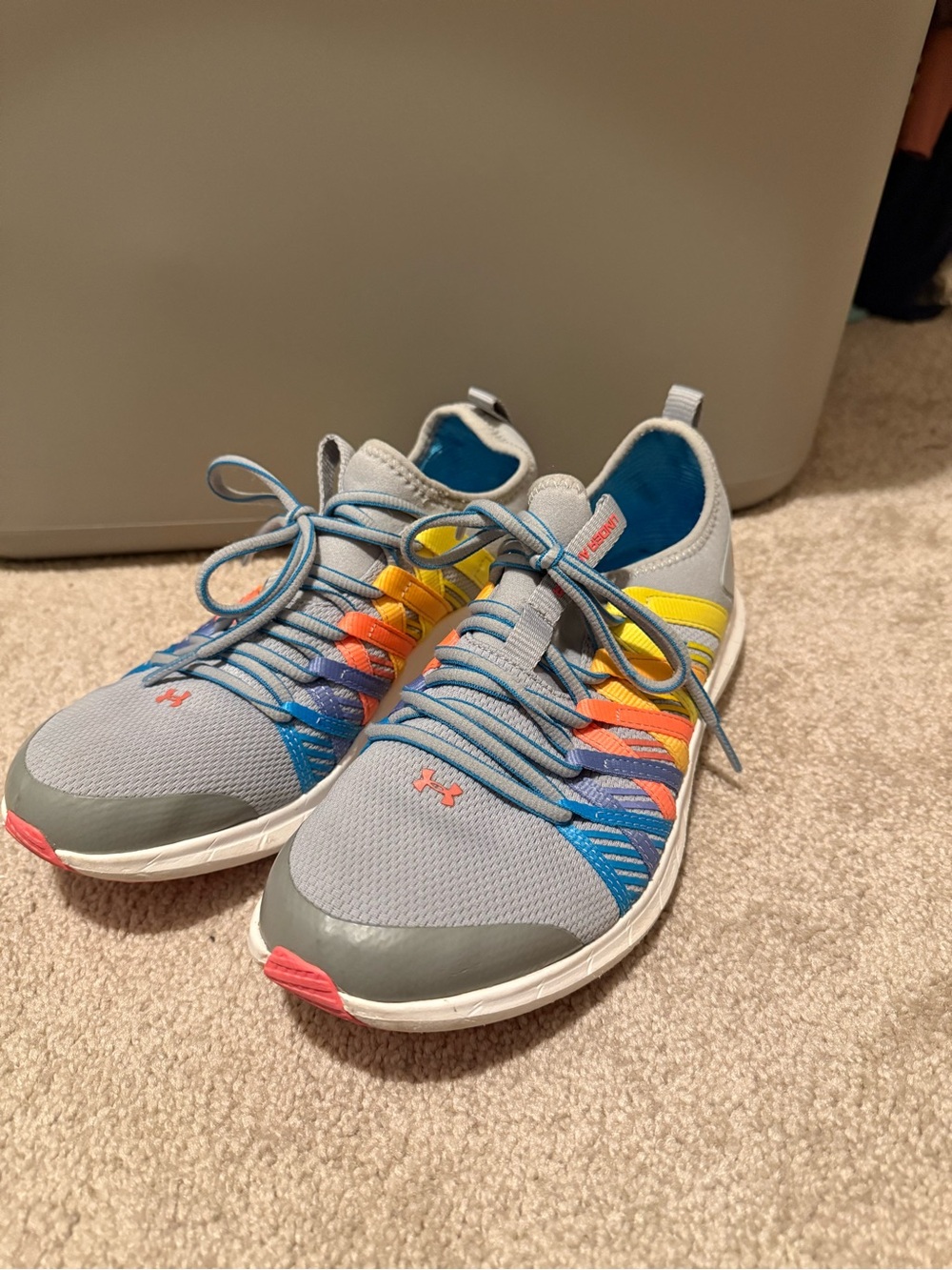 Under Armour Kids Gray Sneakers with Yellow, Blue & Orange Accents